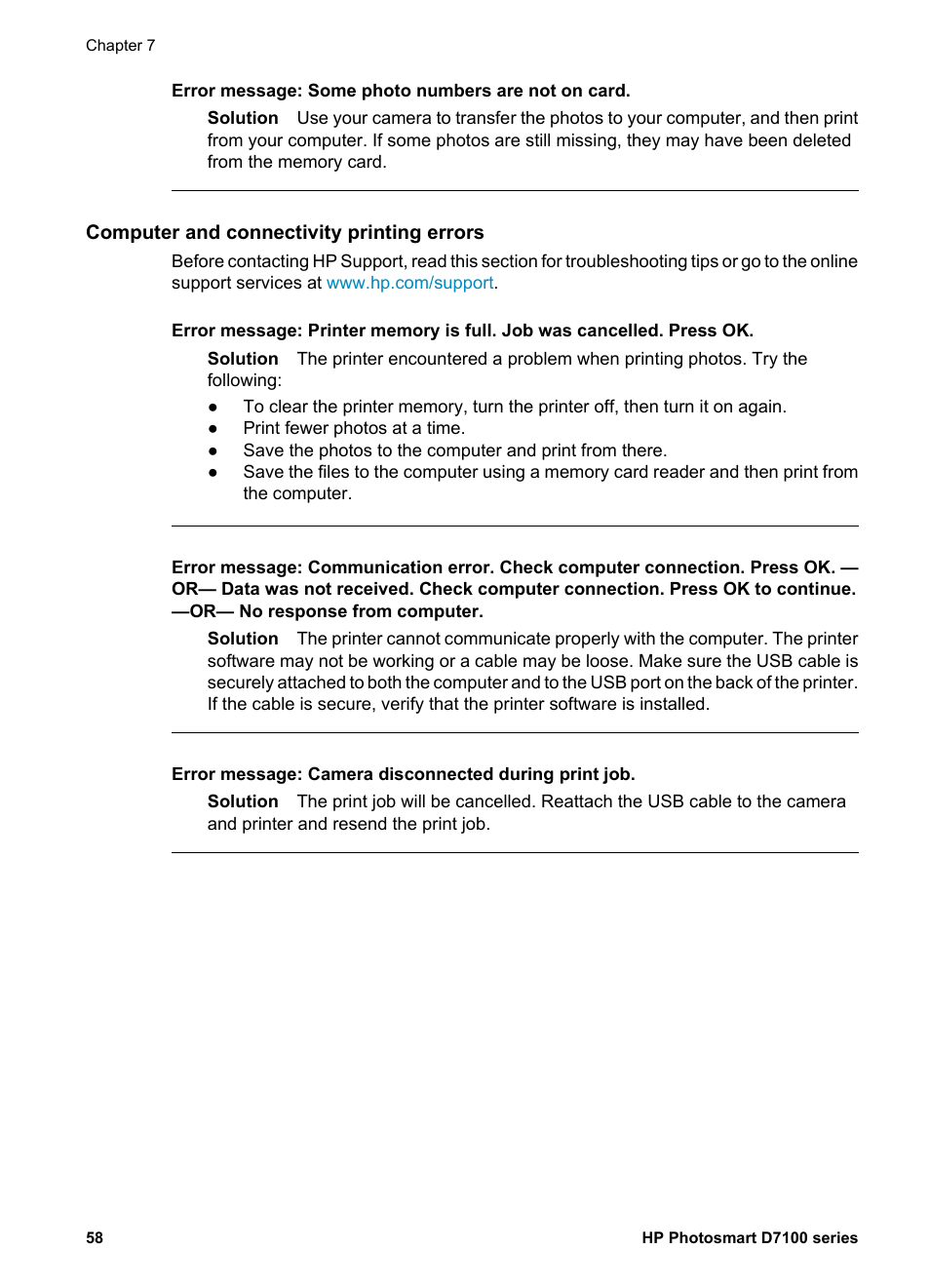 Computer and connectivity printing errors | HP D7100 User Manual | Page 128 / 138