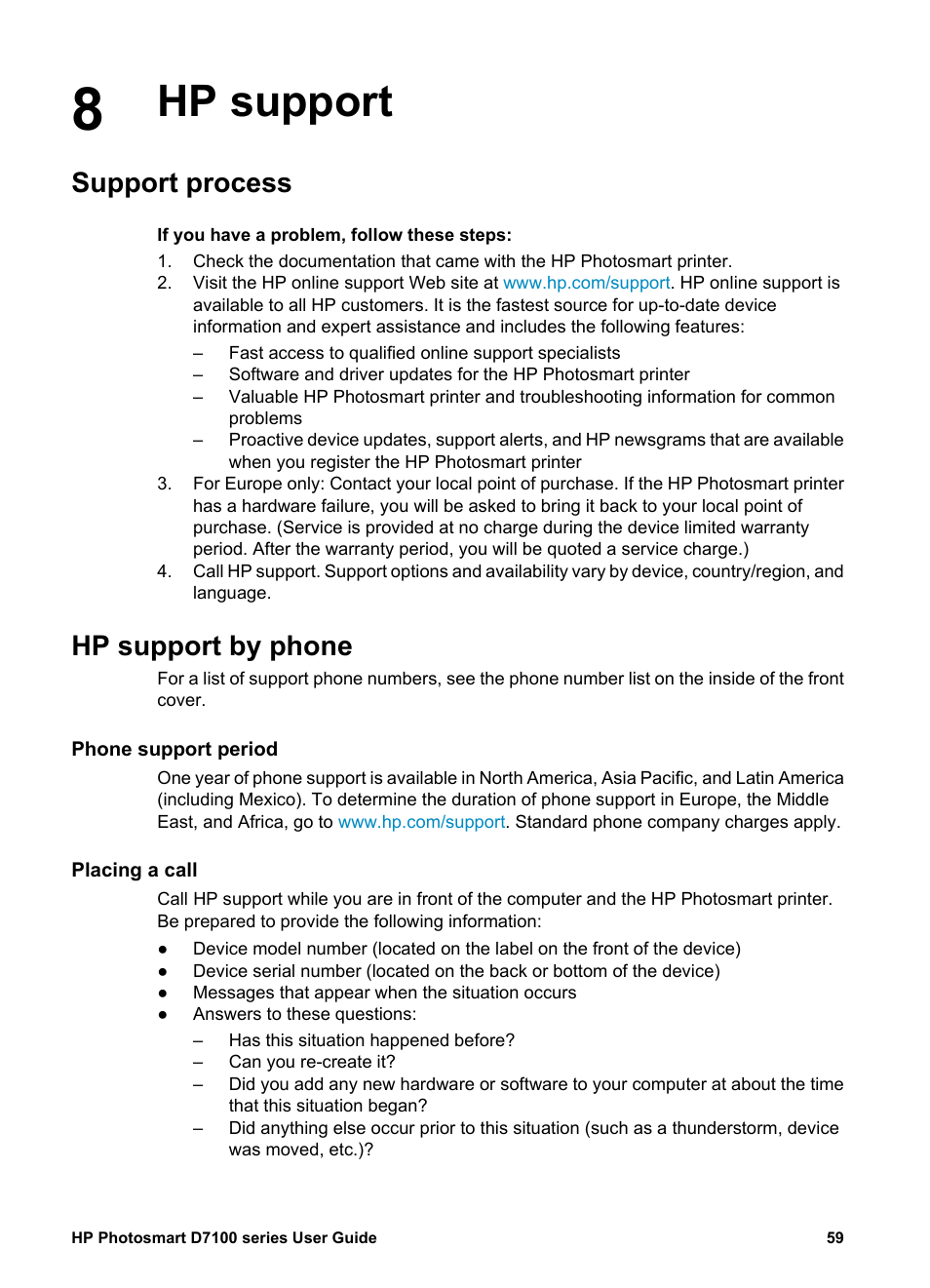 Hp support, Support process, Hp support by phone | Phone support period, Placing a call | HP D7100 User Manual | Page 129 / 138