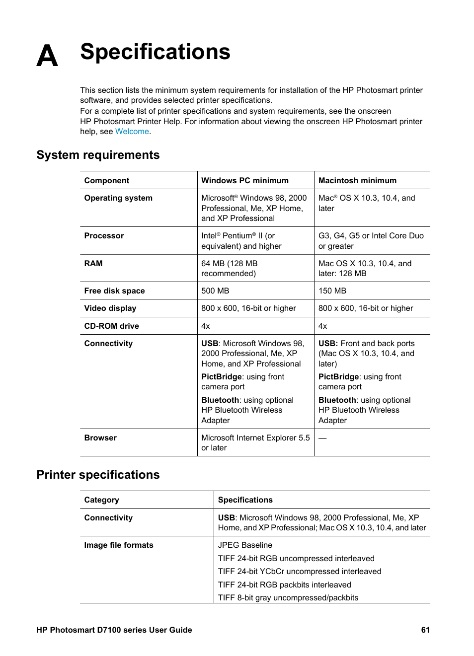 Specifications, System requirements, Printer specifications | HP D7100 User Manual | Page 131 / 138
