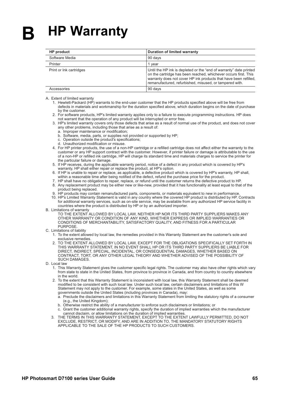 Hp warranty | HP D7100 User Manual | Page 135 / 138