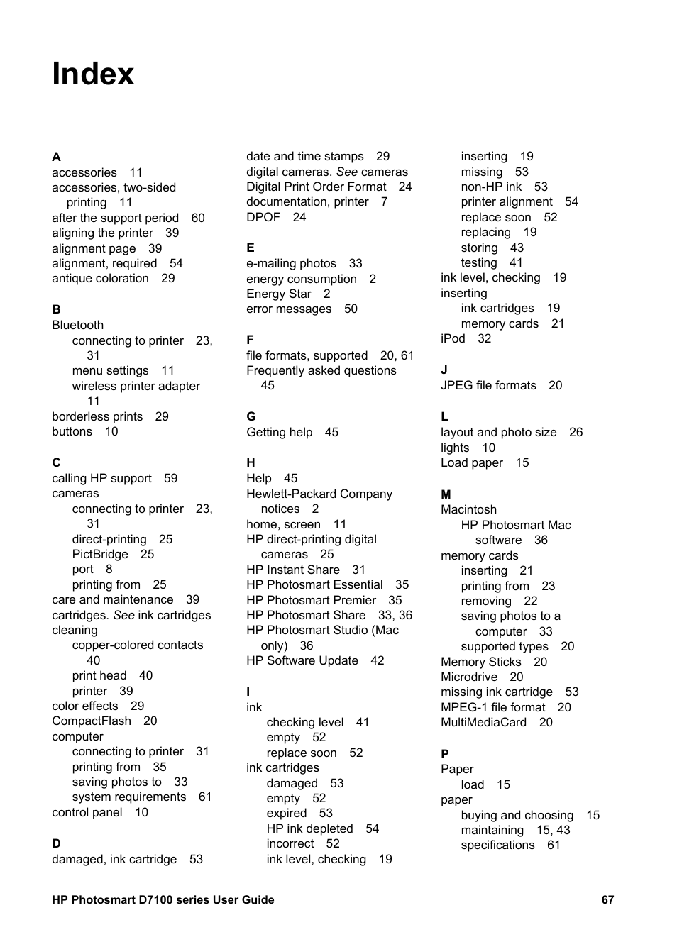 Index | HP D7100 User Manual | Page 137 / 138