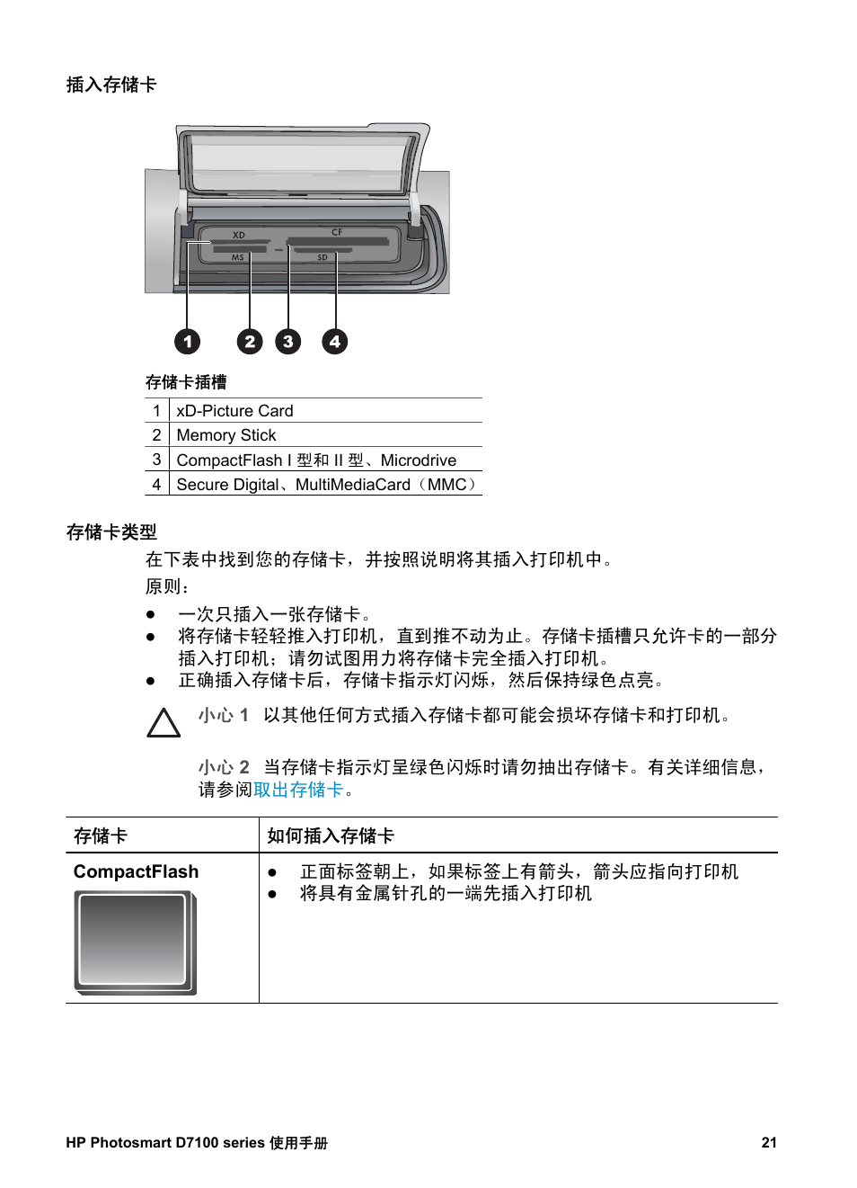 插入存储卡, 存储卡类型 | HP D7100 User Manual | Page 23 / 138