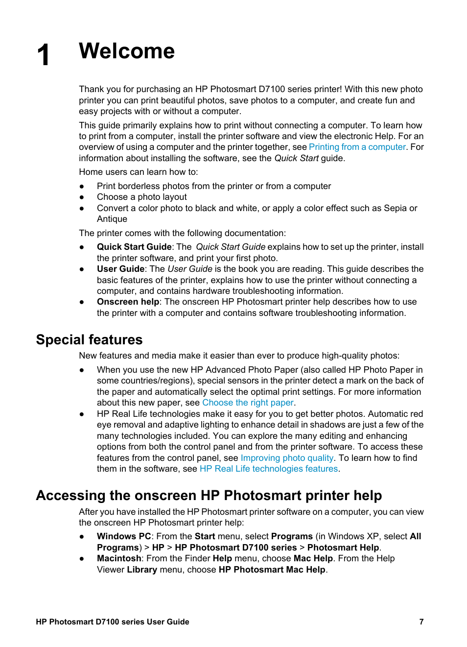 Welcome, Special features, Accessing the onscreen hp photosmart printer help | HP D7100 User Manual | Page 77 / 138