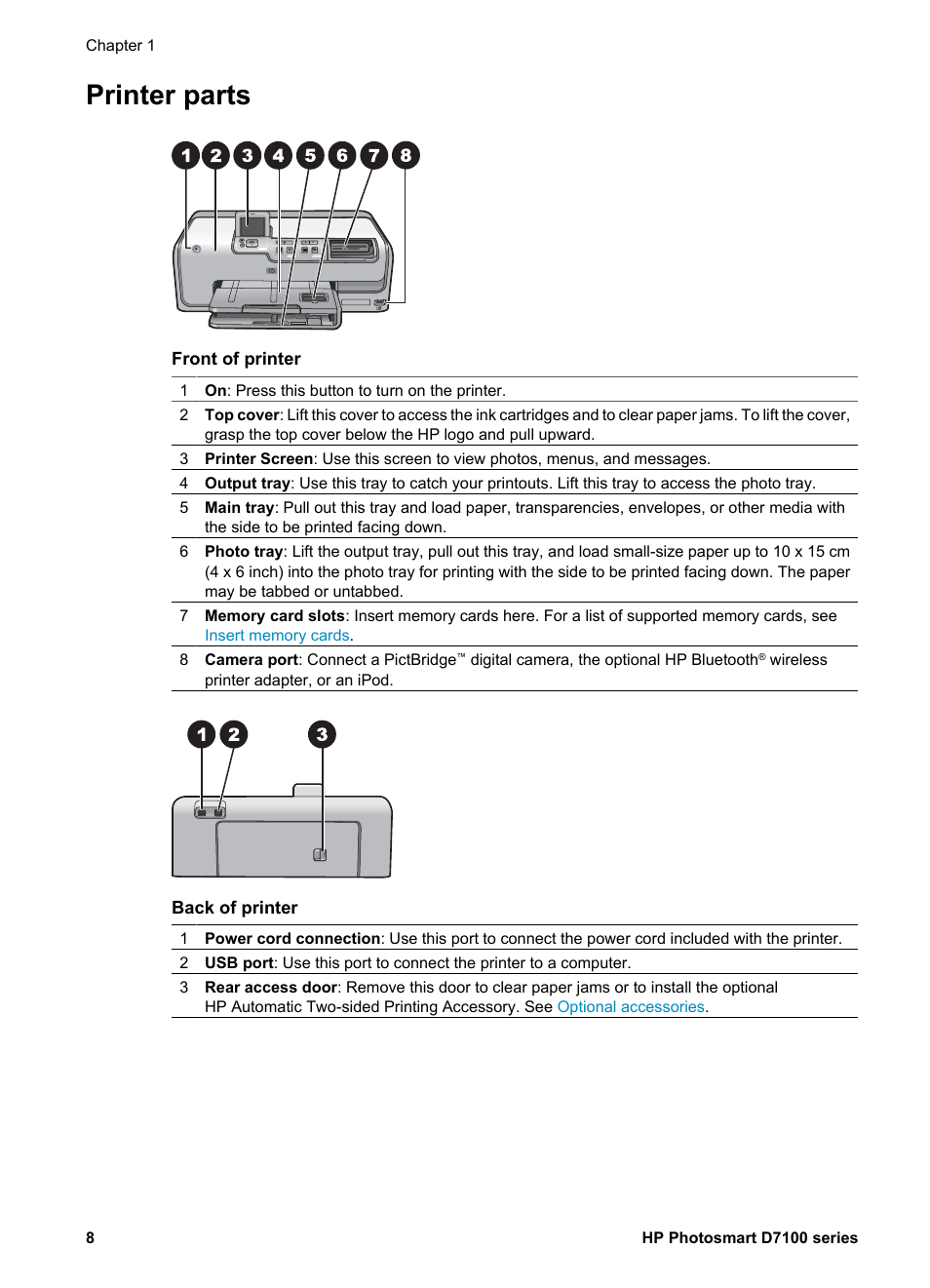 Printer parts | HP D7100 User Manual | Page 78 / 138