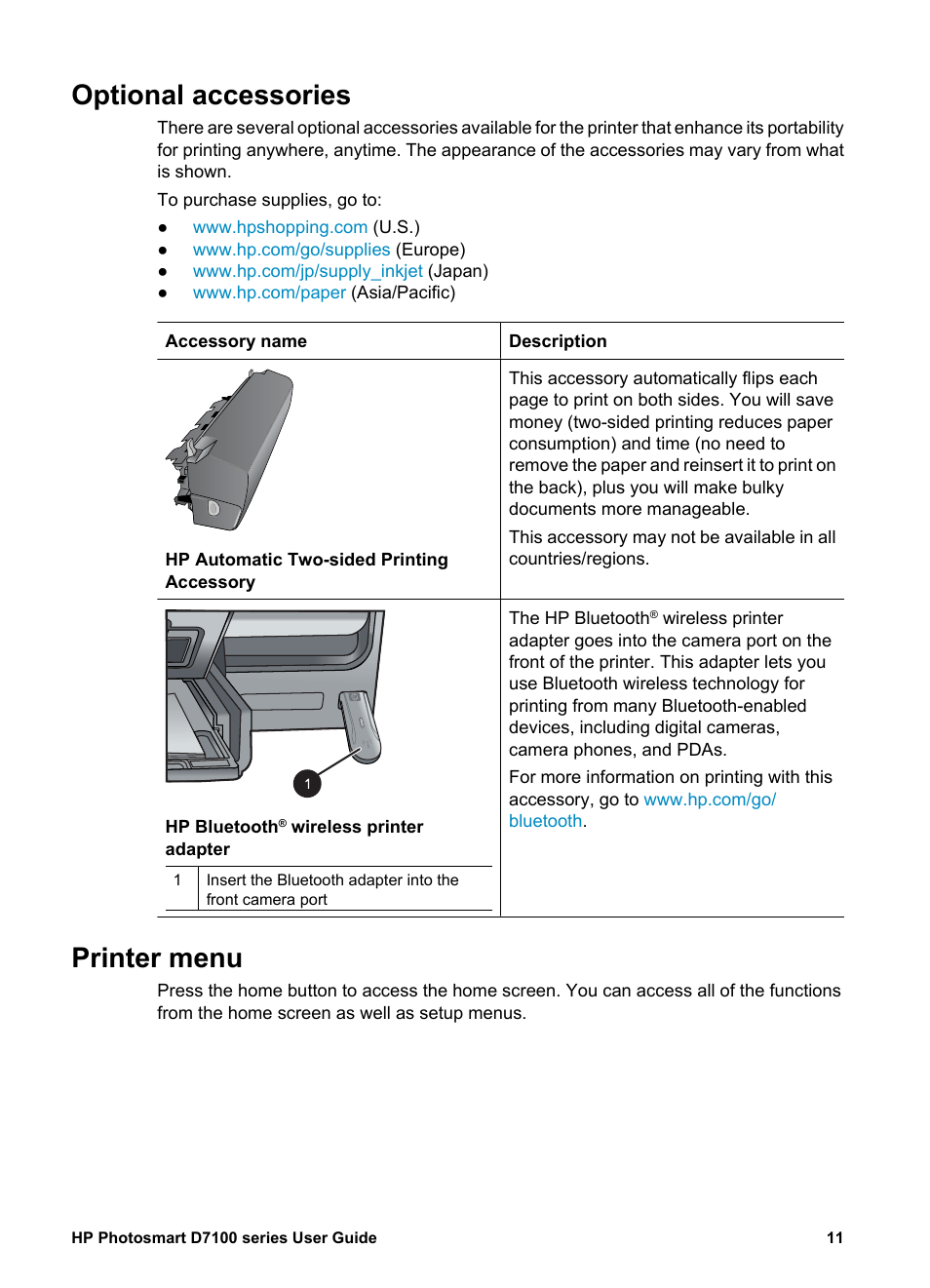 Optional accessories, Printer menu | HP D7100 User Manual | Page 81 / 138