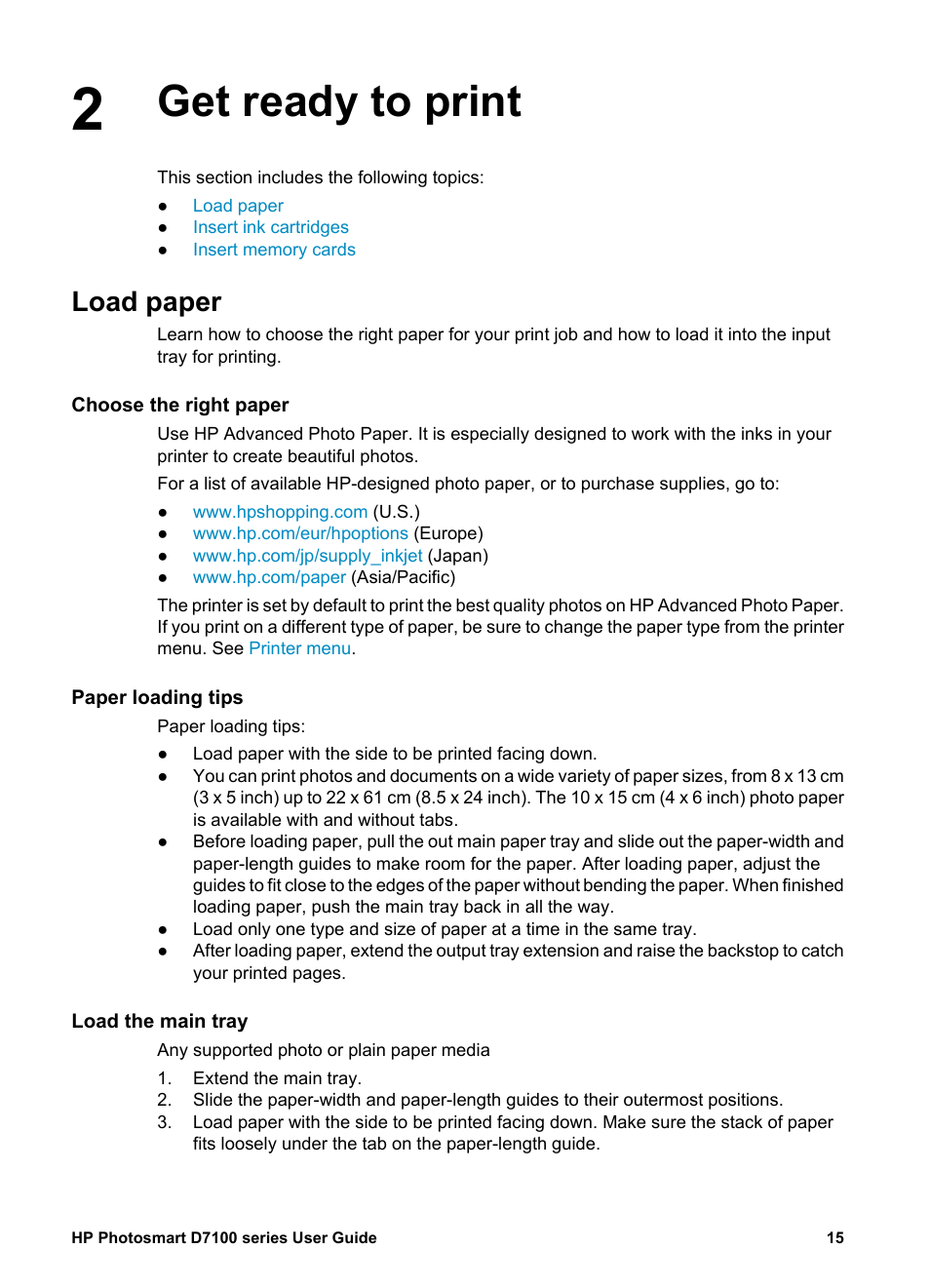 Get ready to print, Load paper, Choose the right paper | Paper loading tips, Load the main tray | HP D7100 User Manual | Page 85 / 138