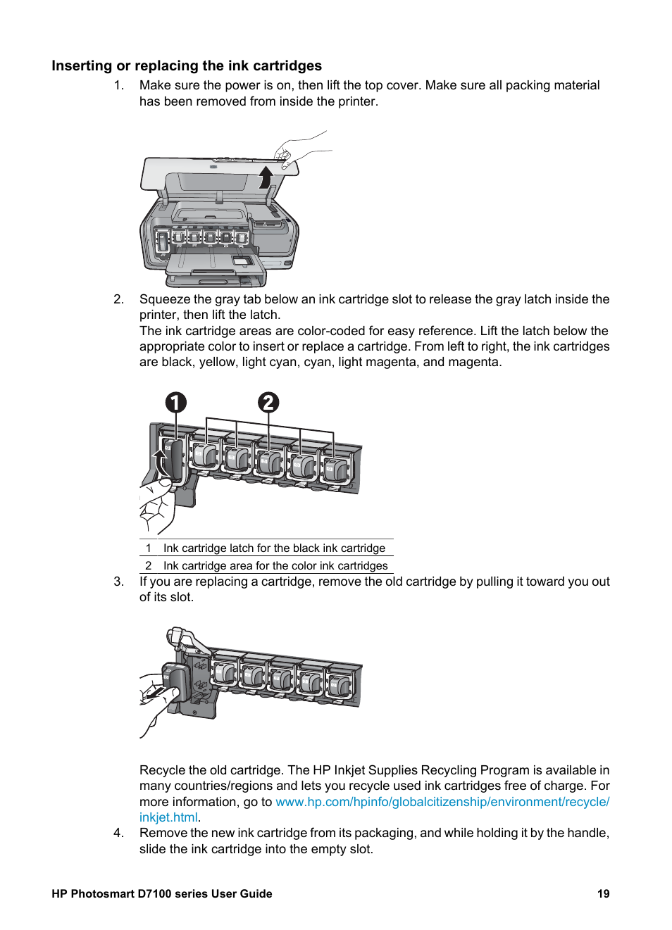 Inserting or replacing the ink cartridges | HP D7100 User Manual | Page 89 / 138