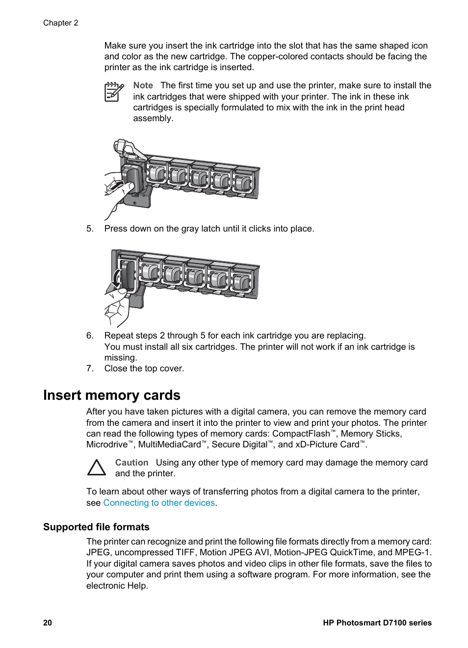 Insert memory cards, Supported file formats | HP D7100 User Manual | Page 90 / 138