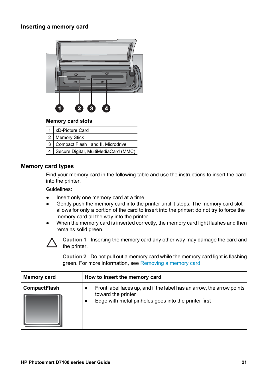 Inserting a memory card, Memory card types | HP D7100 User Manual | Page 91 / 138