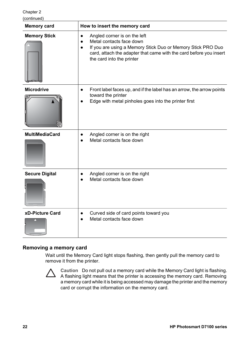 Removing a memory card | HP D7100 User Manual | Page 92 / 138