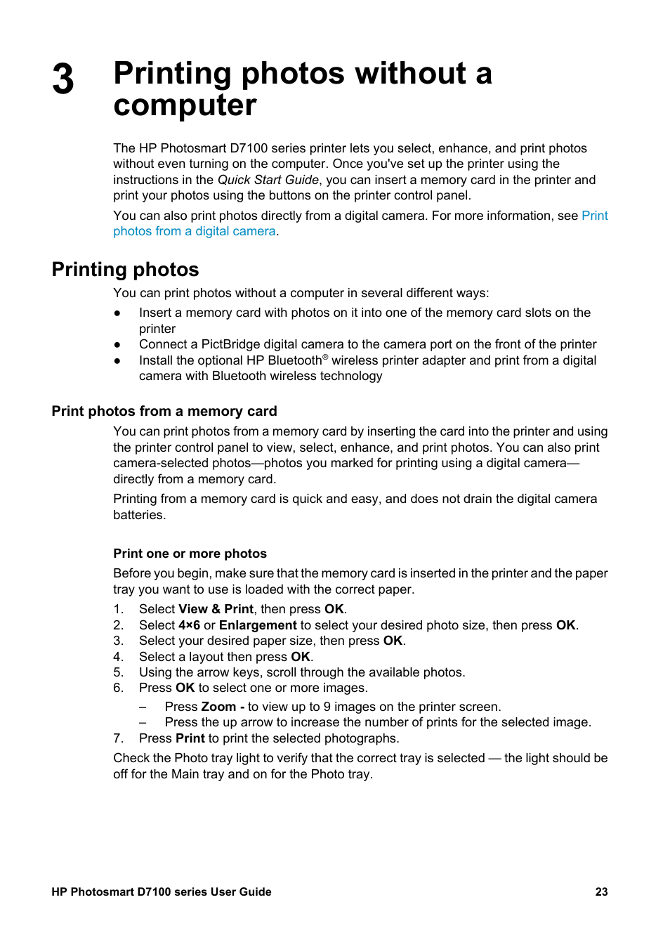 Printing photos without a computer, Printing photos, Print photos from a memory card | Print one or more photos, Print all photos on the memory card | HP D7100 User Manual | Page 93 / 138