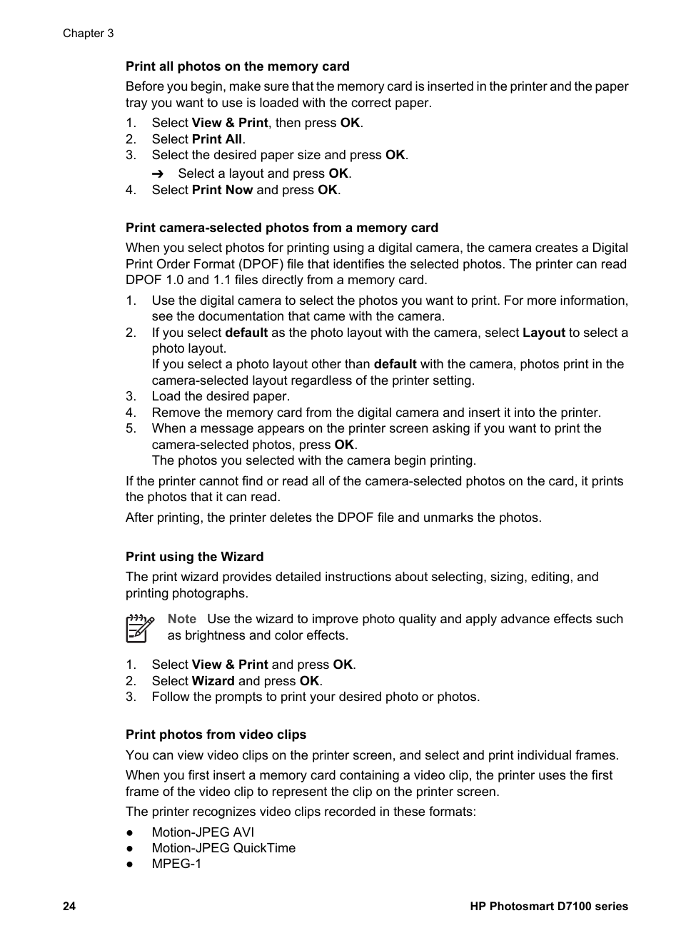 Print camera-selected photos from a memory card, Print using the wizard, Print photos from video clips | HP D7100 User Manual | Page 94 / 138