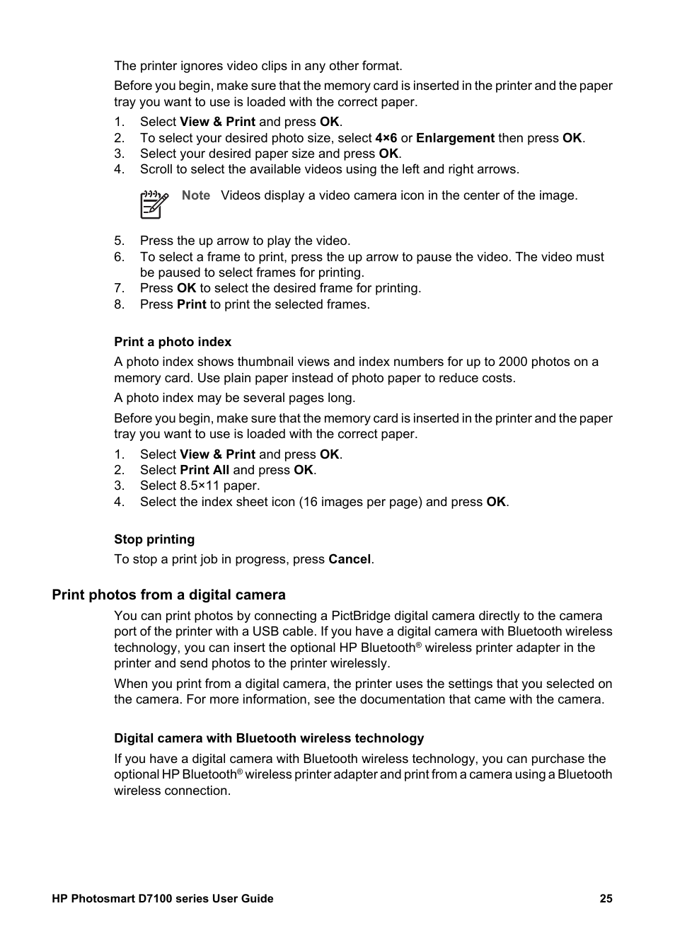 Print a photo index, Stop printing, Print photos from a digital camera | Digital camera with bluetooth wireless technology | HP D7100 User Manual | Page 95 / 138