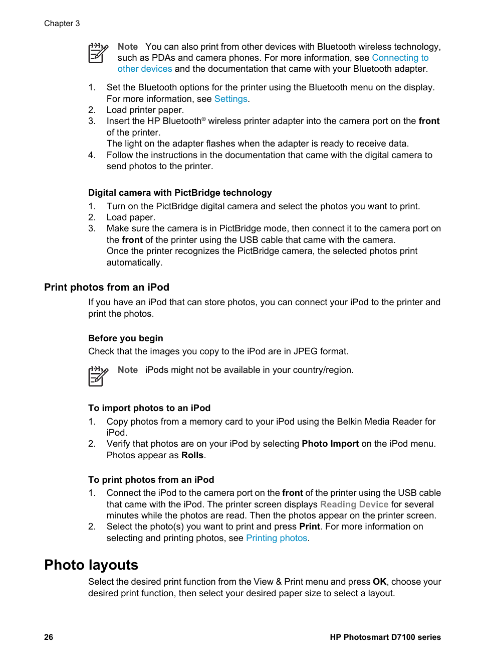 Digital camera with pictbridge technology, Print photos from an ipod, Photo layouts | HP D7100 User Manual | Page 96 / 138