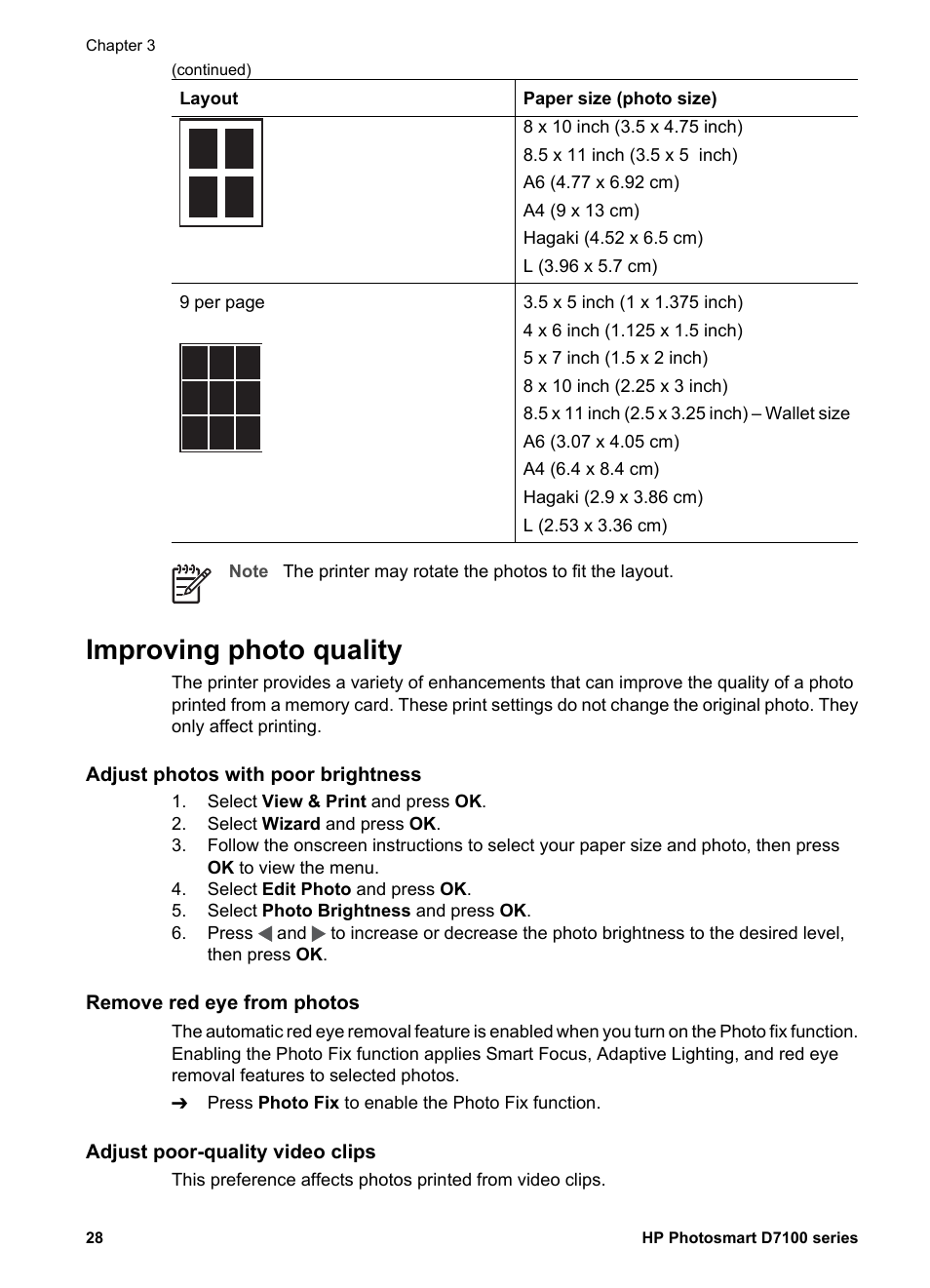 Improving photo quality, Adjust photos with poor brightness, Remove red eye from photos | Adjust poor-quality video clips | HP D7100 User Manual | Page 98 / 138