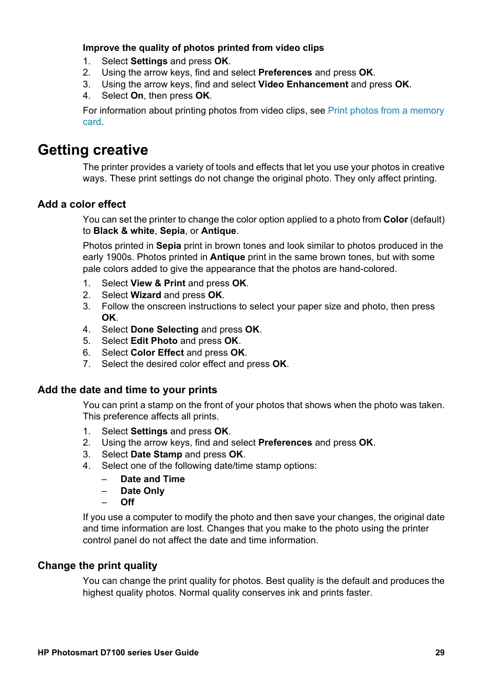 Getting creative, Add a color effect, Add the date and time to your prints | Change the print quality | HP D7100 User Manual | Page 99 / 138