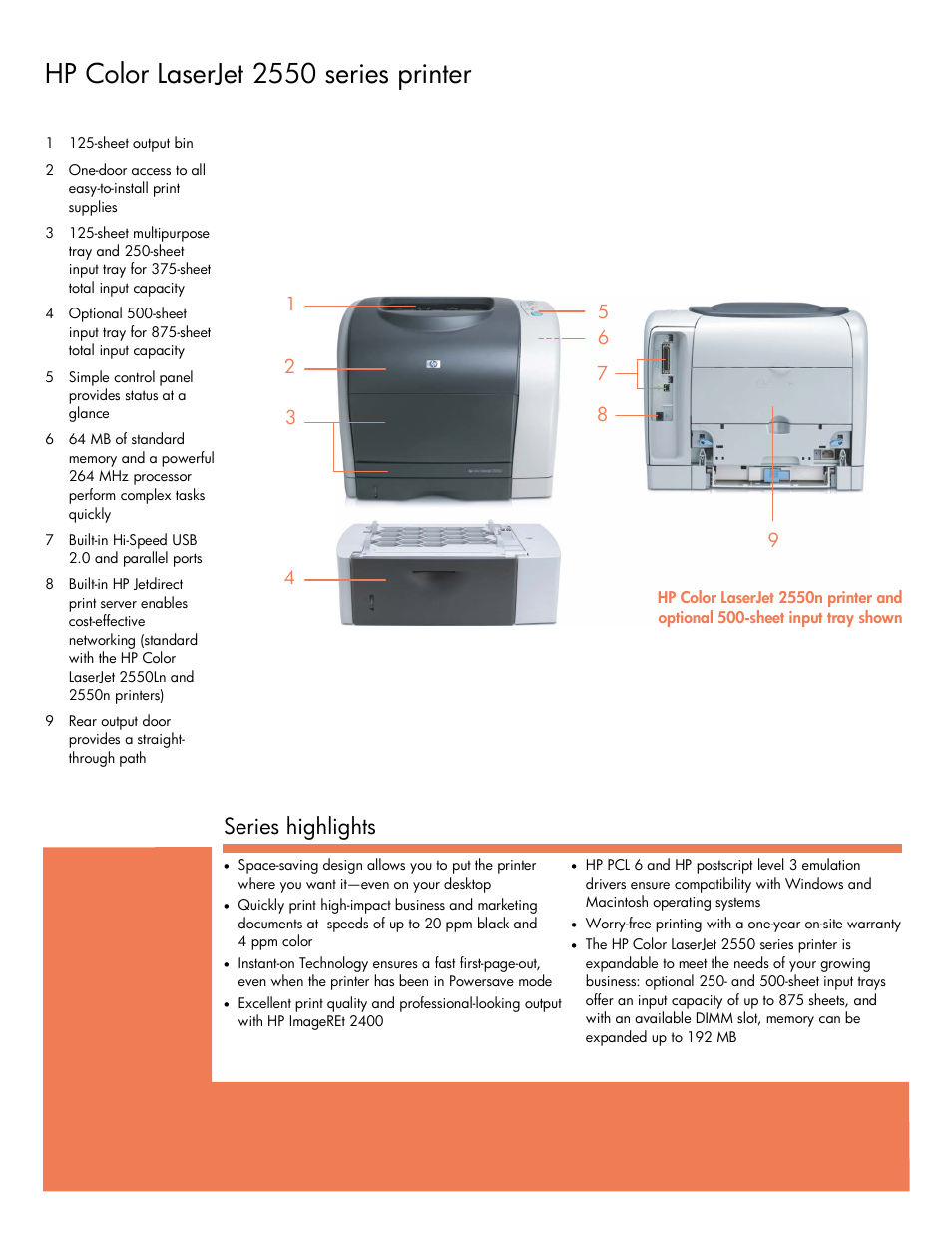 Hp color laserjet 2550 series printer, Series highlights | HP 2550 User Manual | Page 2 / 4