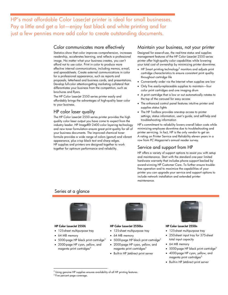 Color communicates more effectively, Hp color laser quality, Maintain your business, not your printer | Service and support from hp, Series at a glance | HP 2550 User Manual | Page 3 / 4