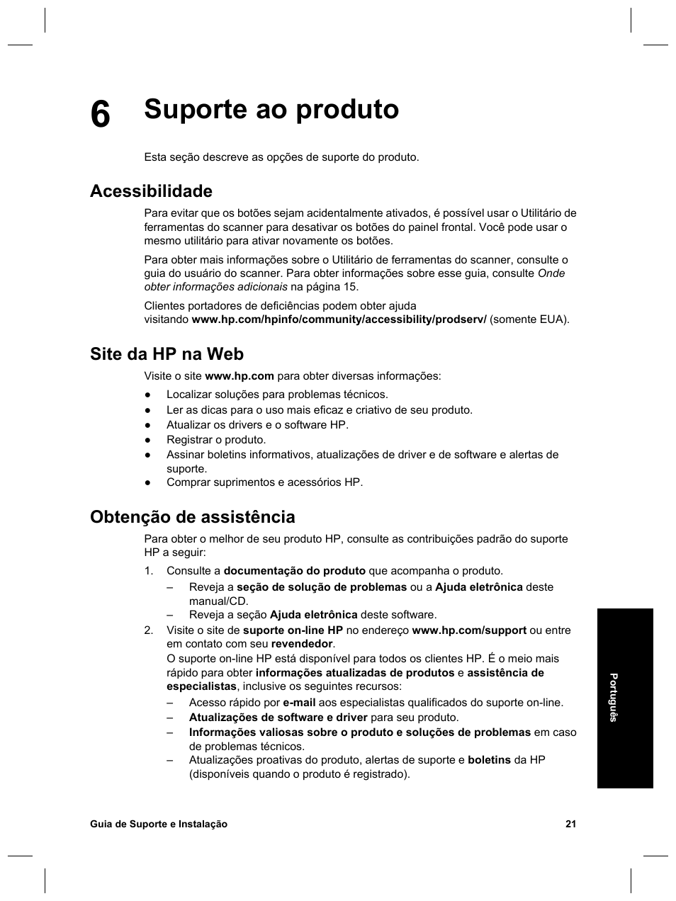 Suporte ao produto, Acessibilidade, Site da hp na web | Obtenção de assistência | HP Scanjet N6010 User Manual | Page 107 / 116