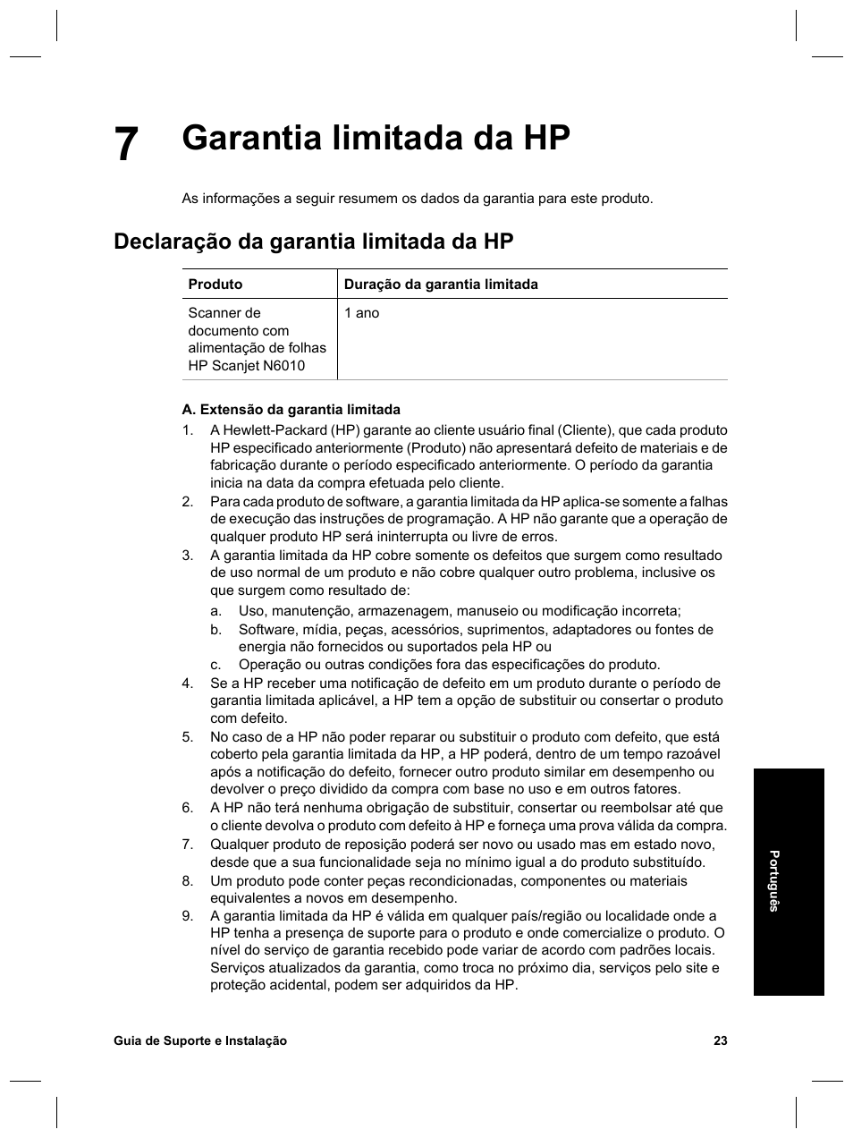 Garantia limitada da hp, Declaração da garantia limitada da hp | HP Scanjet N6010 User Manual | Page 109 / 116
