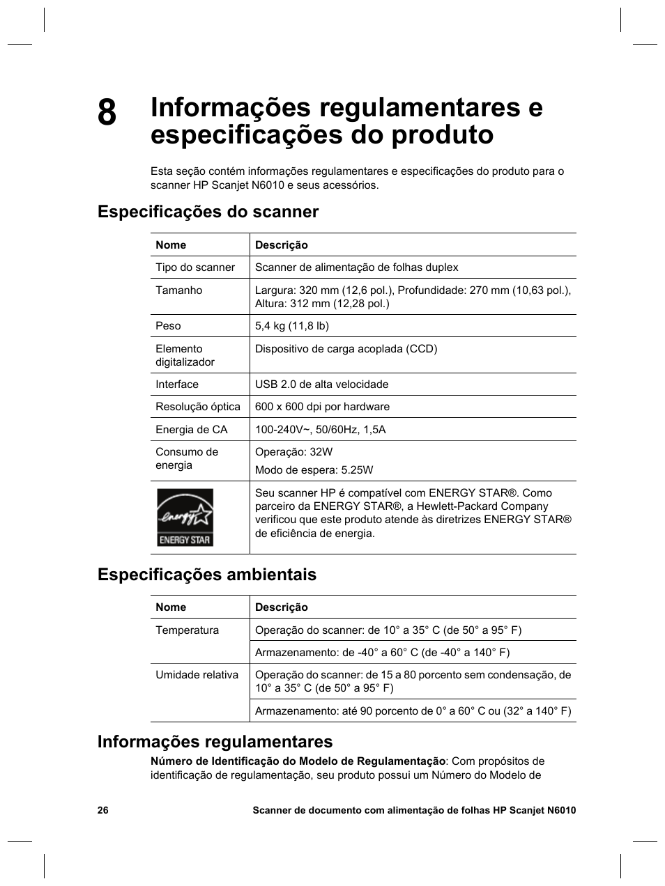 Especificações do scanner, Especificações ambientais, Informações regulamentares | HP Scanjet N6010 User Manual | Page 112 / 116