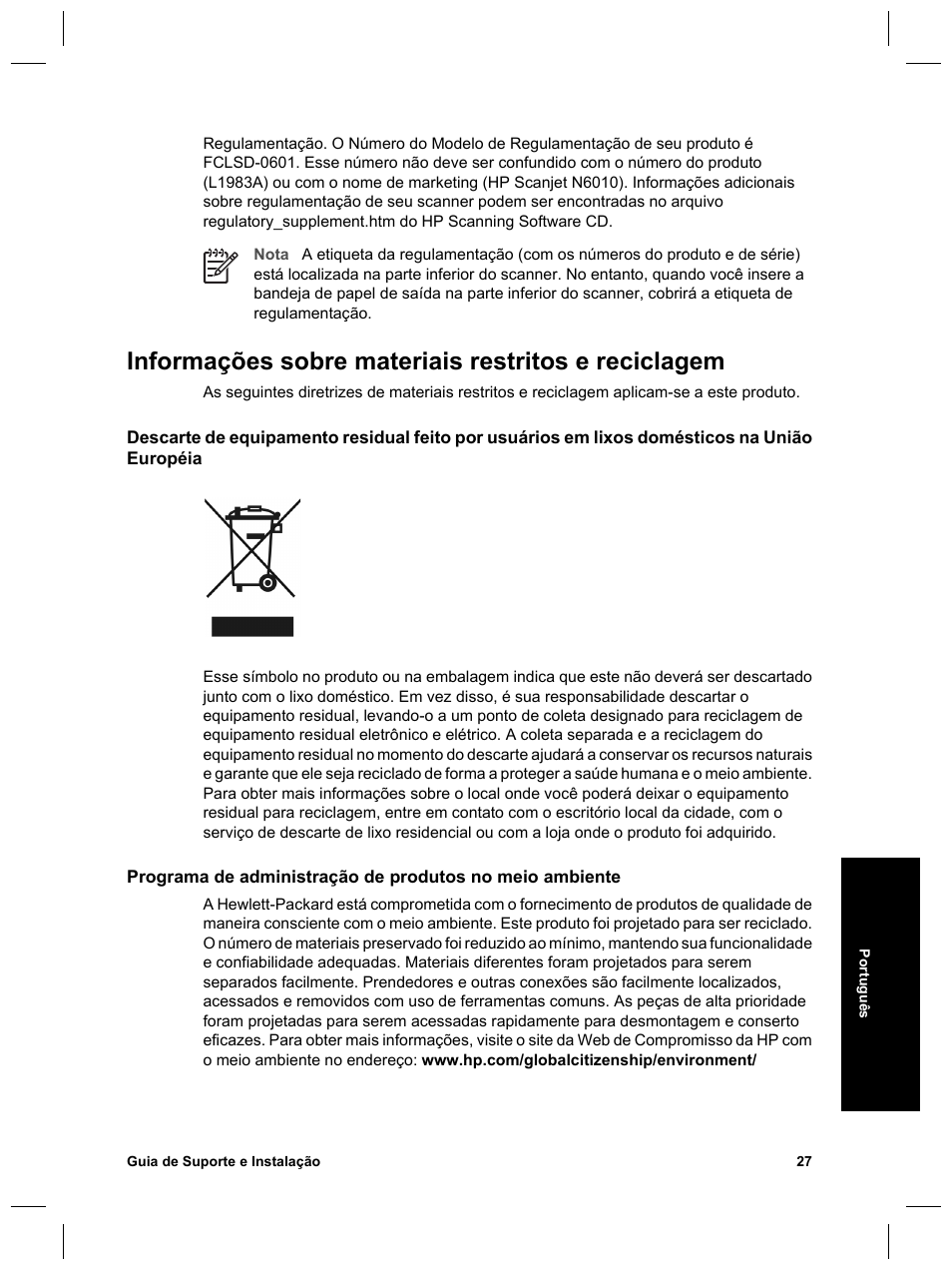 Informações sobre materiais restritos e reciclagem | HP Scanjet N6010 User Manual | Page 113 / 116
