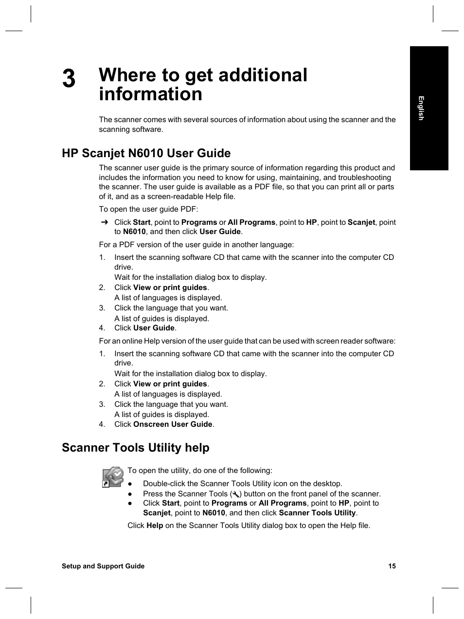 Where to get additional information, Hp scanjet n6010 user guide, Scanner tools utility help | HP Scanjet N6010 User Manual | Page 17 / 116