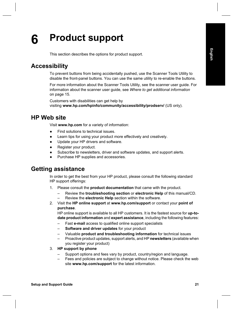 Product support, Accessibility, Hp web site | Getting assistance | HP Scanjet N6010 User Manual | Page 23 / 116