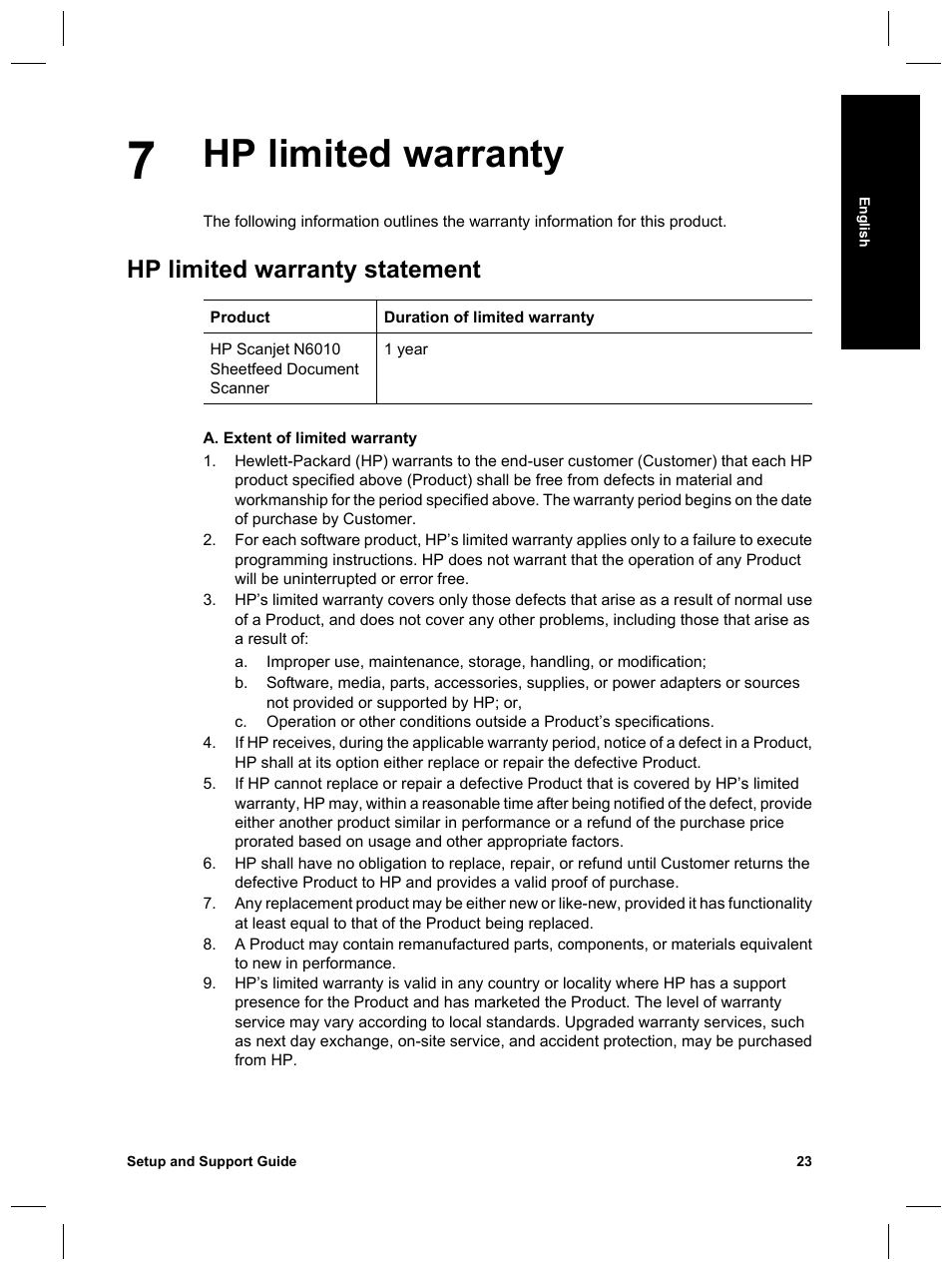 Hp limited warranty, Hp limited warranty statement | HP Scanjet N6010 User Manual | Page 25 / 116