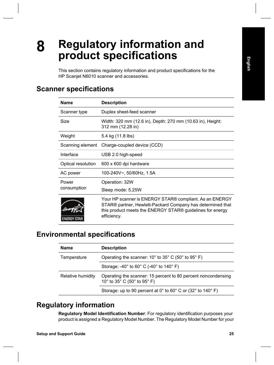 Regulatory information and product specifications, Scanner specifications, Environmental specifications | Regulatory information | HP Scanjet N6010 User Manual | Page 27 / 116