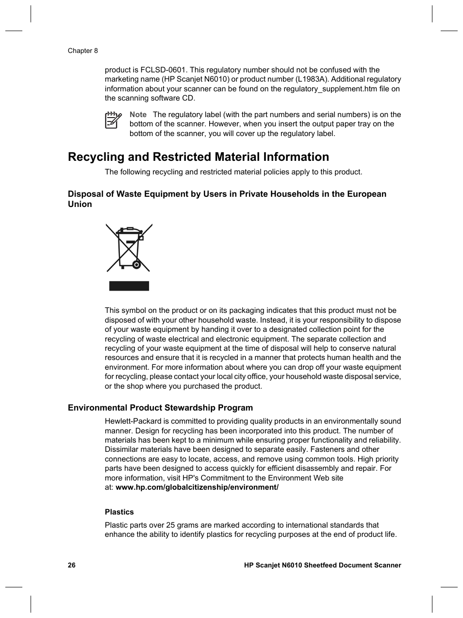 Recycling and restricted material information | HP Scanjet N6010 User Manual | Page 28 / 116
