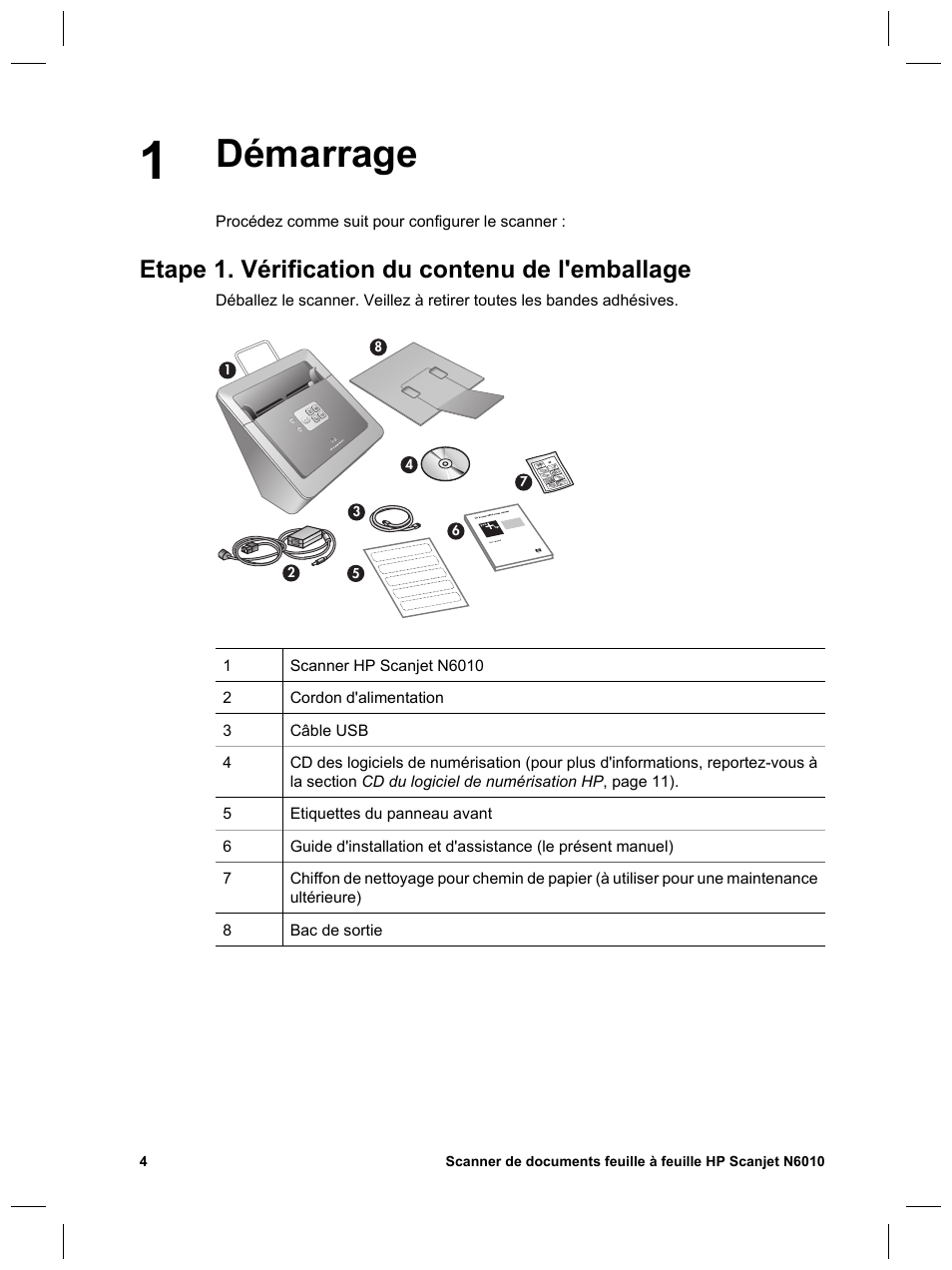Démarrage, Etape 1. vérification du contenu de l'emballage | HP Scanjet N6010 User Manual | Page 34 / 116