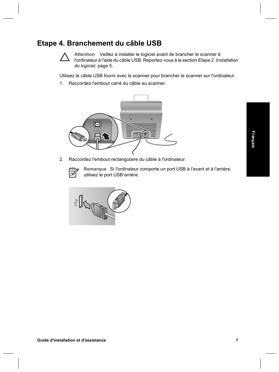 Etape 4. branchement du câble usb | HP Scanjet N6010 User Manual | Page 37 / 116