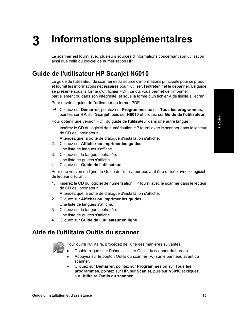Informations supplémentaires, Guide de l'utilisateur hp scanjet n6010, Aide de l'utilitaire outils du scanner | HP Scanjet N6010 User Manual | Page 45 / 116