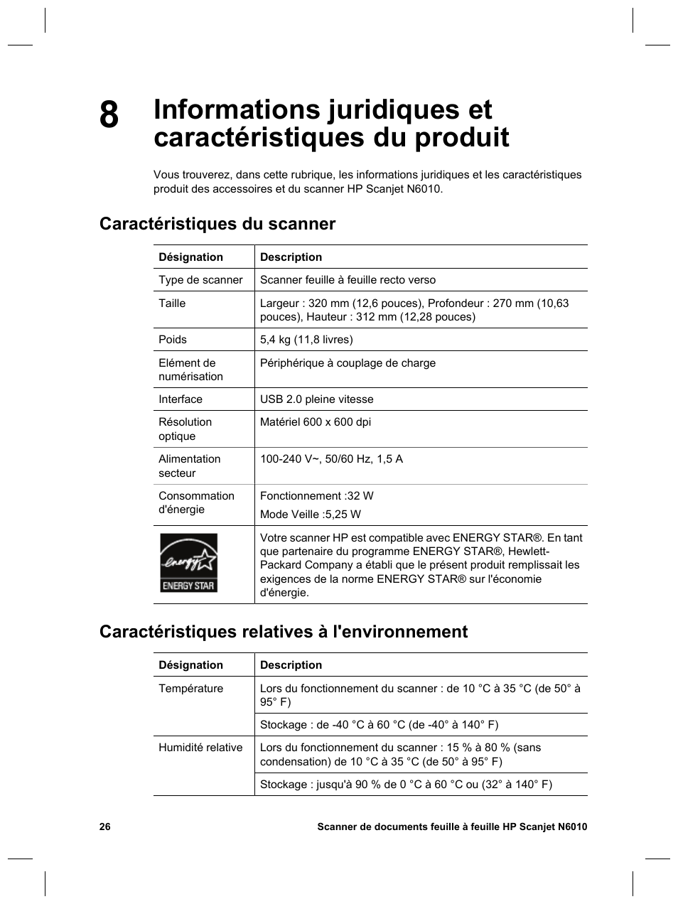 Caractéristiques du scanner, Caractéristiques relatives à l'environnement | HP Scanjet N6010 User Manual | Page 56 / 116