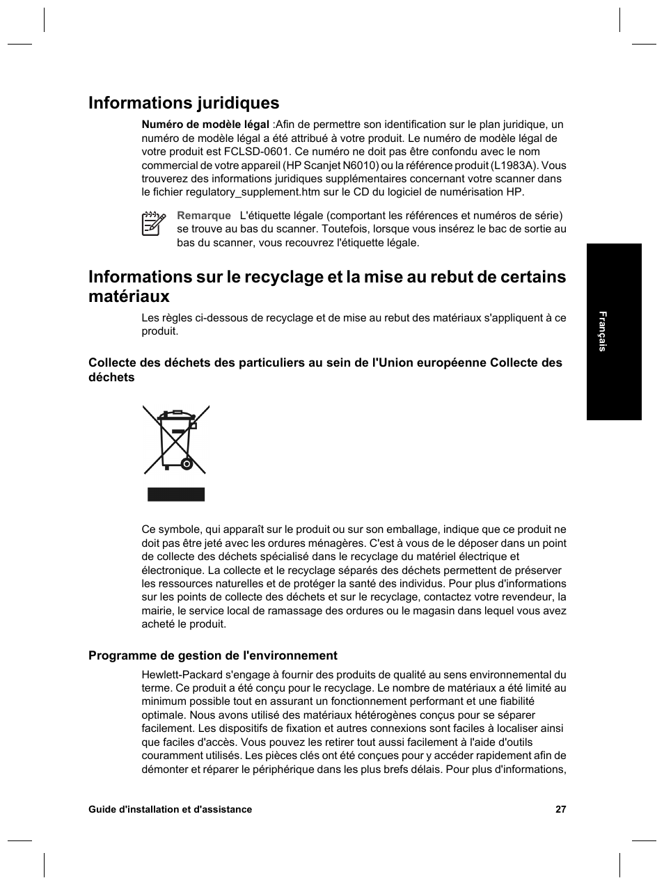 Informations juridiques | HP Scanjet N6010 User Manual | Page 57 / 116