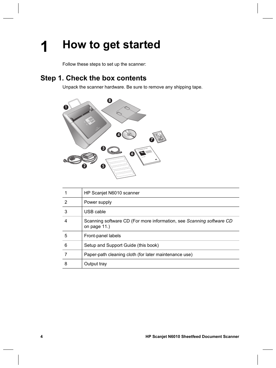 How to get started, Step 1. check the box contents | HP Scanjet N6010 User Manual | Page 6 / 116
