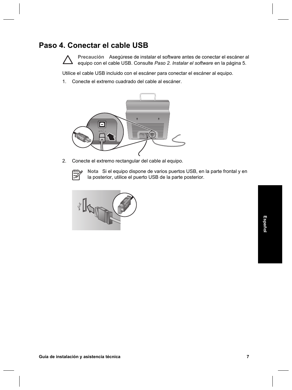 Paso 4. conectar el cable usb | HP Scanjet N6010 User Manual | Page 65 / 116