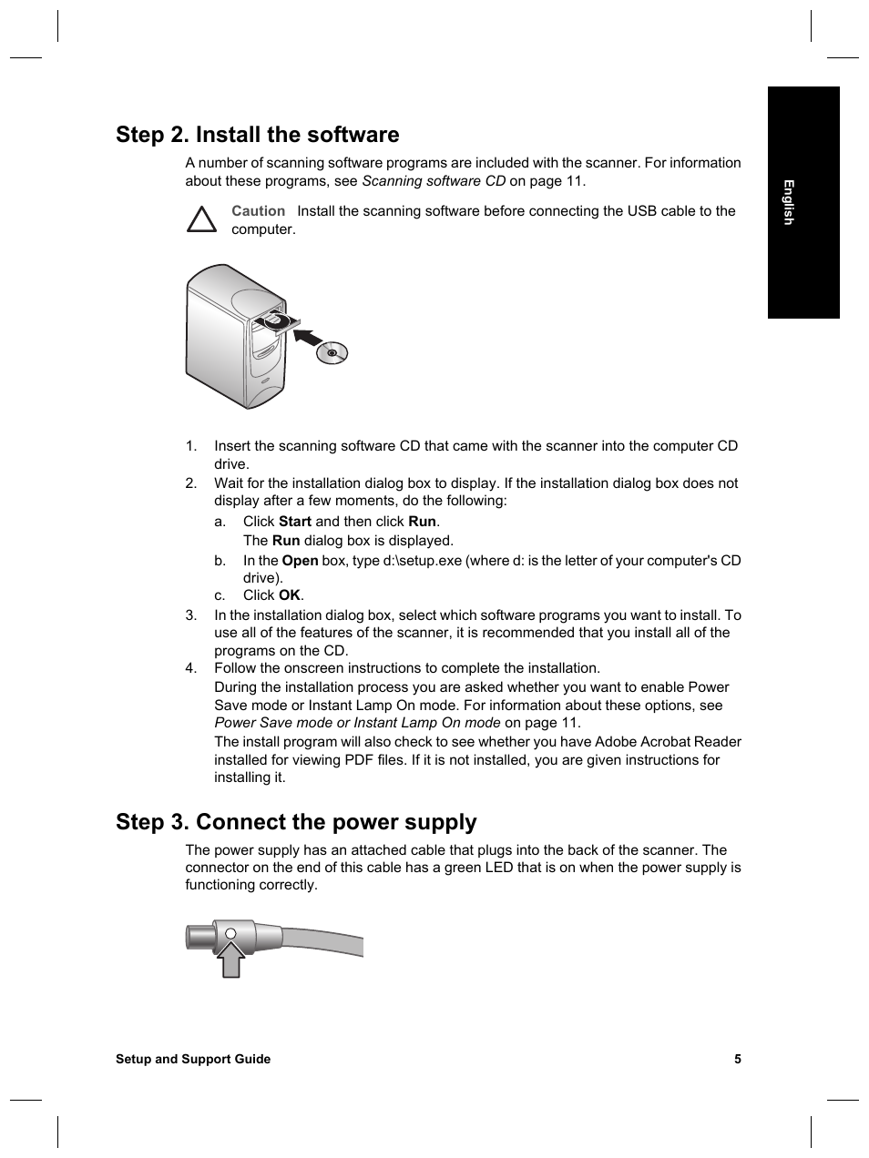 Step 2. install the software, Step 3. connect the power supply | HP Scanjet N6010 User Manual | Page 7 / 116