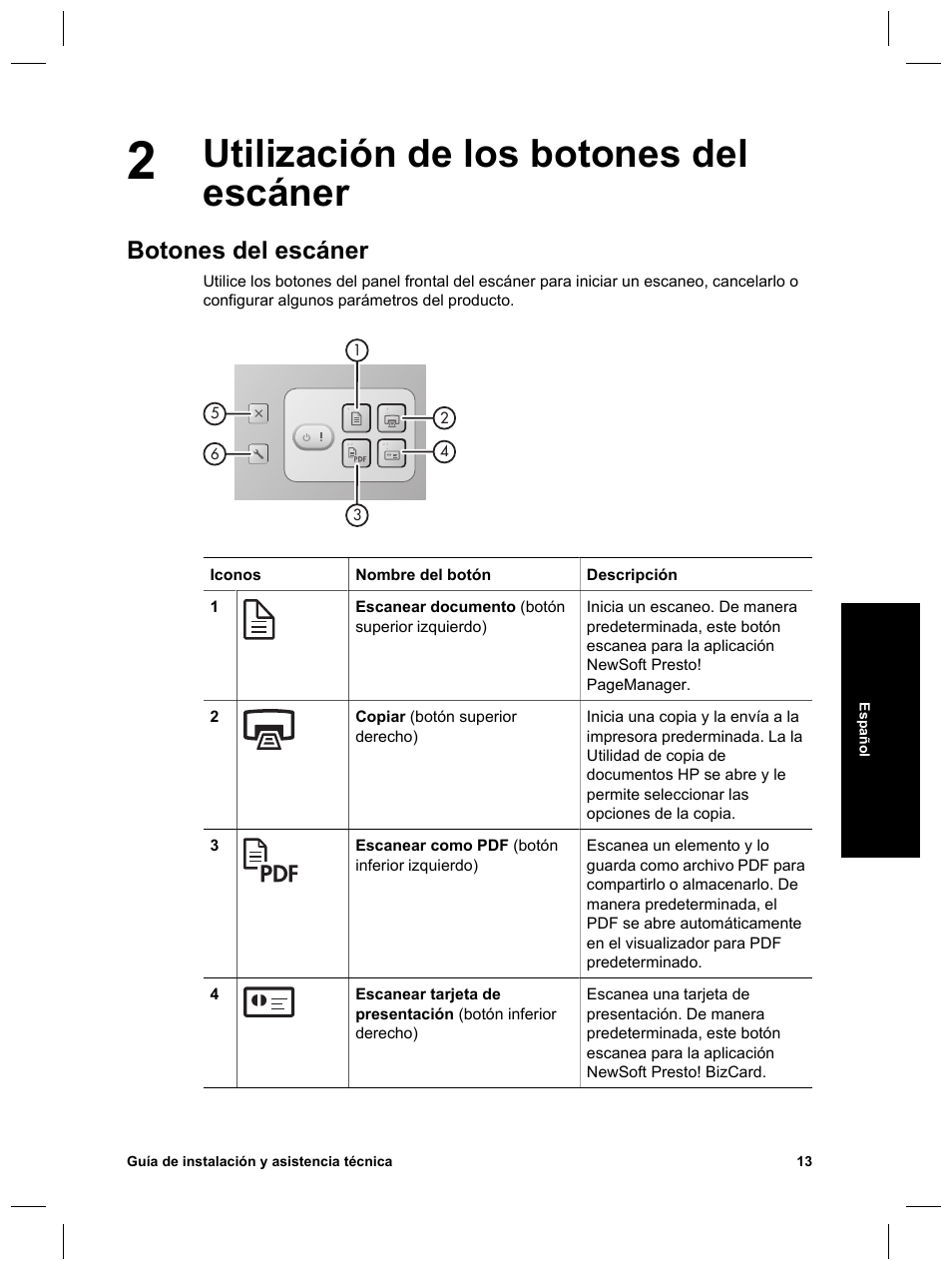 Utilización de los botones del escáner, Botones del escáner | HP Scanjet N6010 User Manual | Page 71 / 116