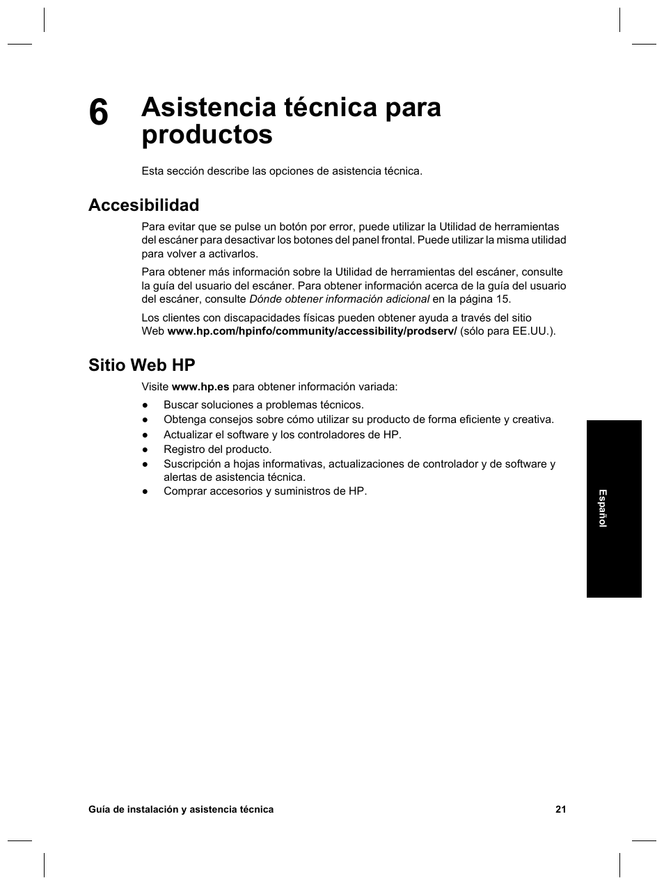 Asistencia técnica para productos, Accesibilidad, Sitio web hp | HP Scanjet N6010 User Manual | Page 79 / 116