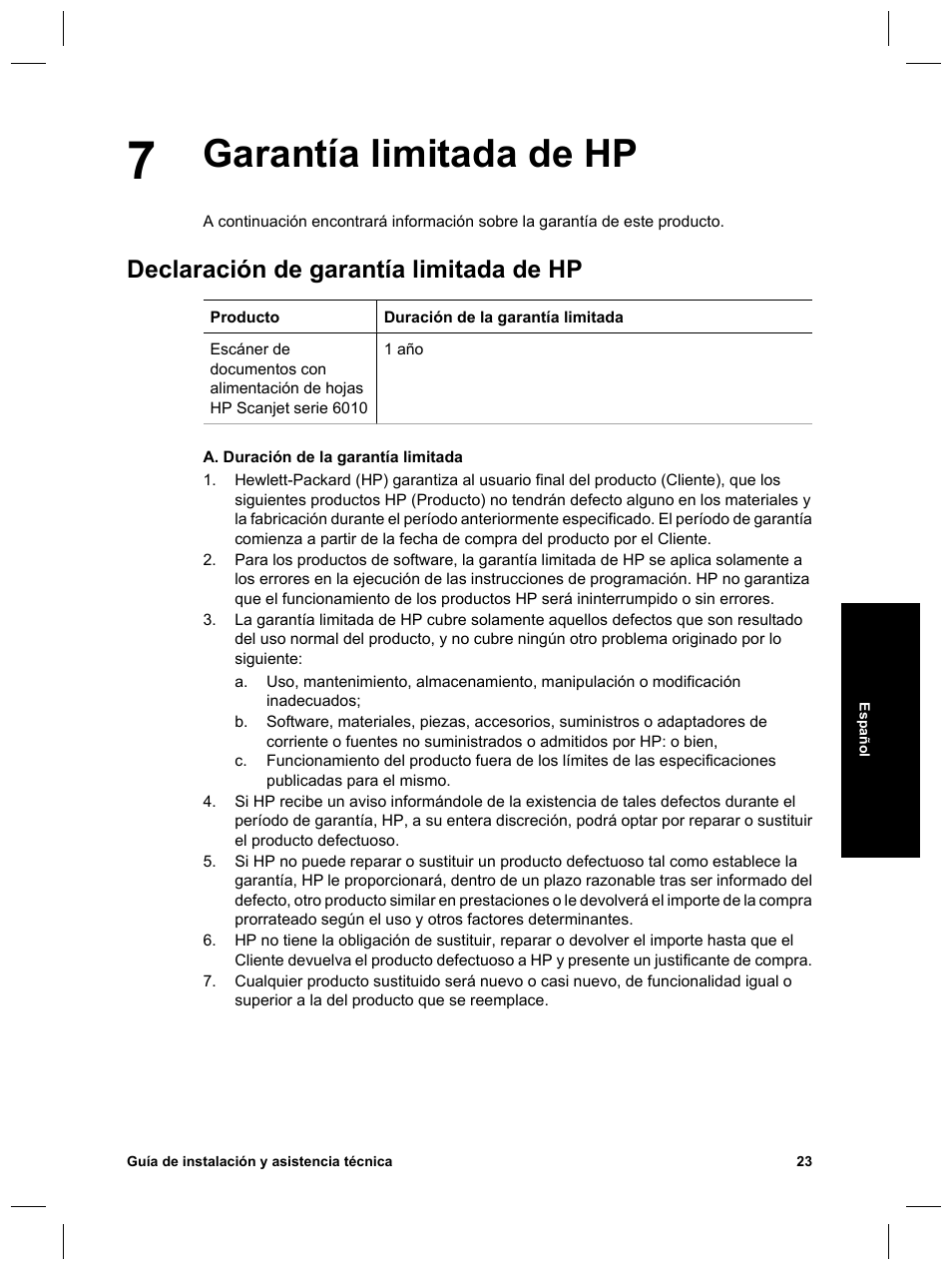 Garantía limitada de hp, Declaración de garantía limitada de hp | HP Scanjet N6010 User Manual | Page 81 / 116