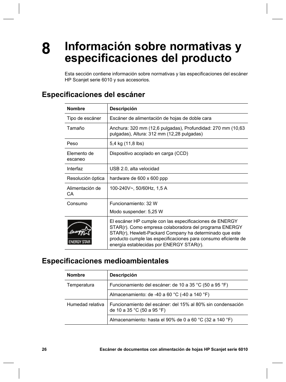 Especificaciones del escáner, Especificaciones medioambientales | HP Scanjet N6010 User Manual | Page 84 / 116