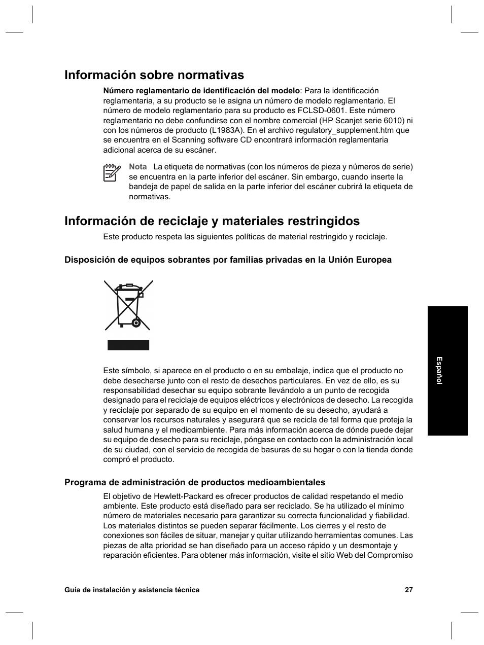 Información sobre normativas, Información de reciclaje y materiales restringidos | HP Scanjet N6010 User Manual | Page 85 / 116