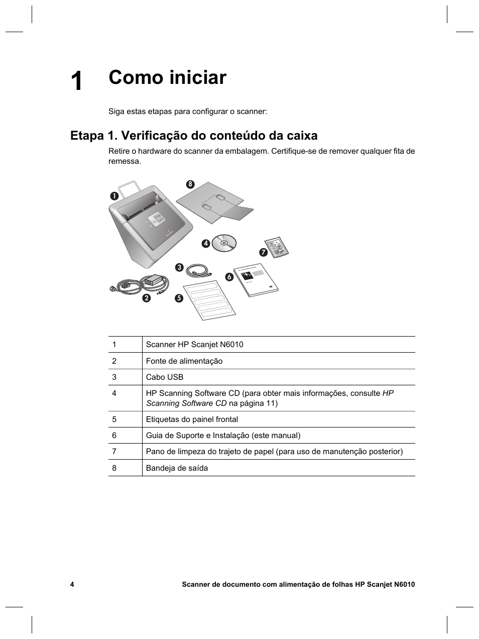 Como iniciar, Etapa 1. verificação do conteúdo da caixa | HP Scanjet N6010 User Manual | Page 90 / 116