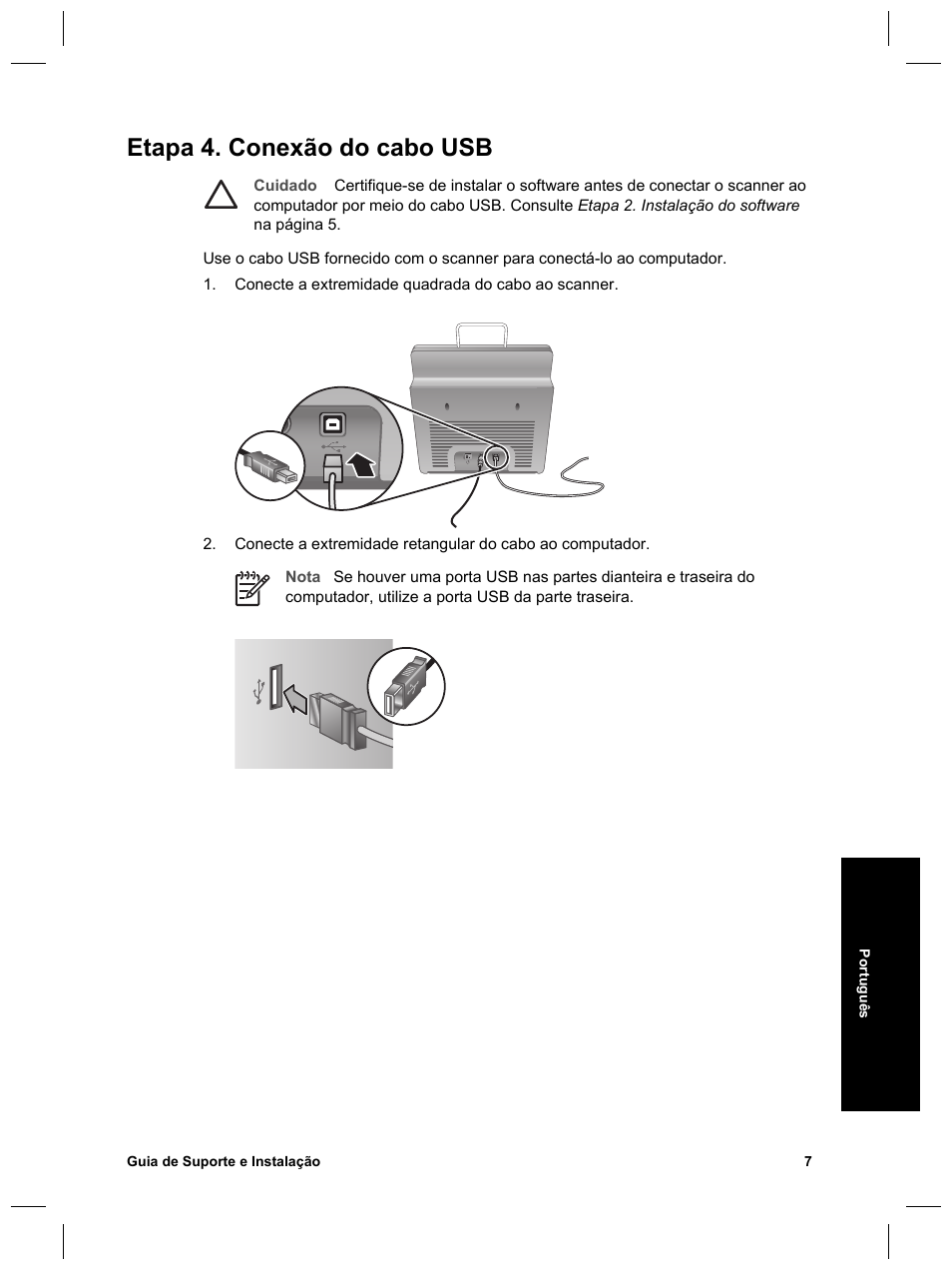 Etapa 4. conexão do cabo usb | HP Scanjet N6010 User Manual | Page 93 / 116