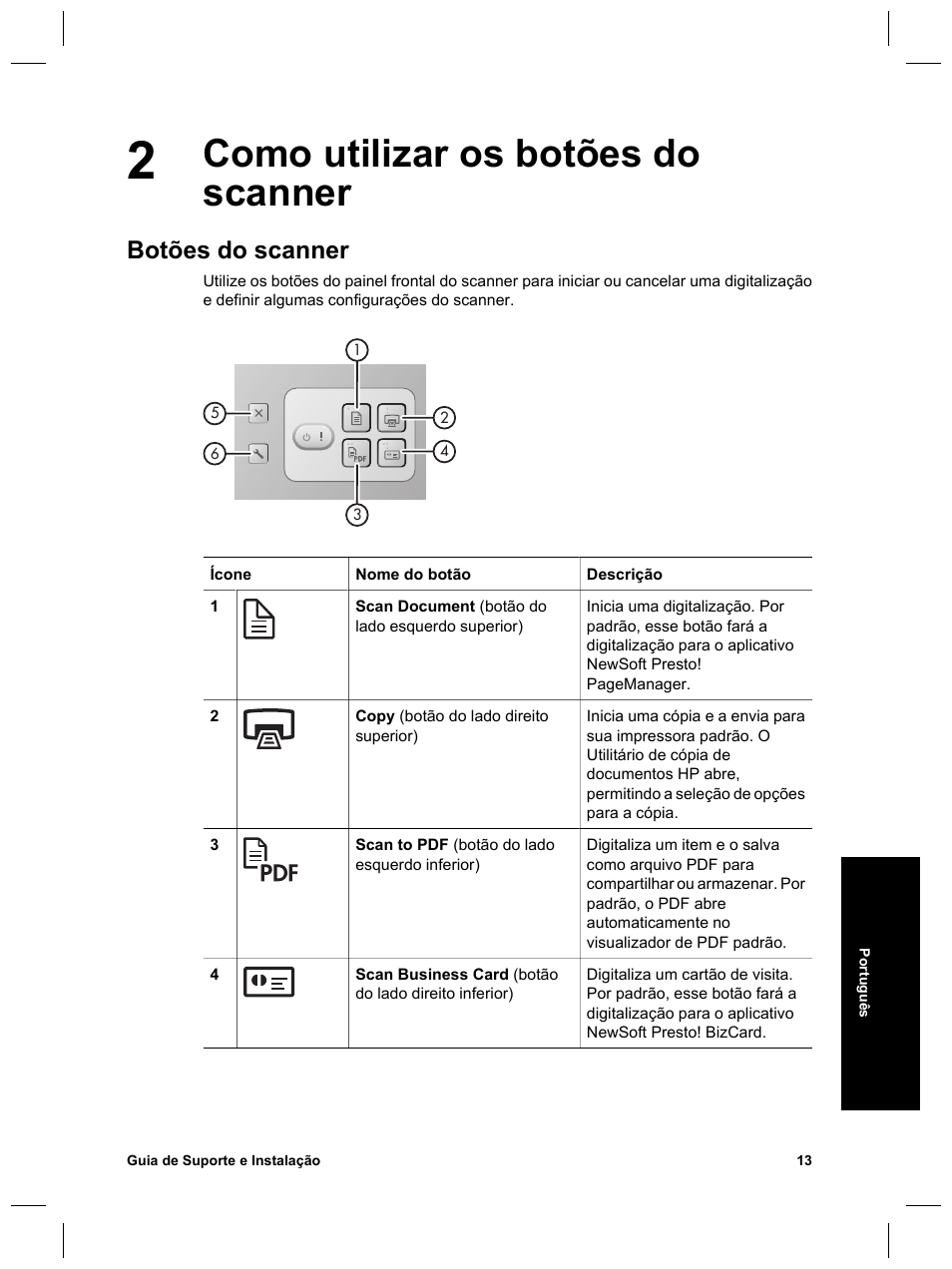 Como utilizar os botões do scanner, Botões do scanner | HP Scanjet N6010 User Manual | Page 99 / 116