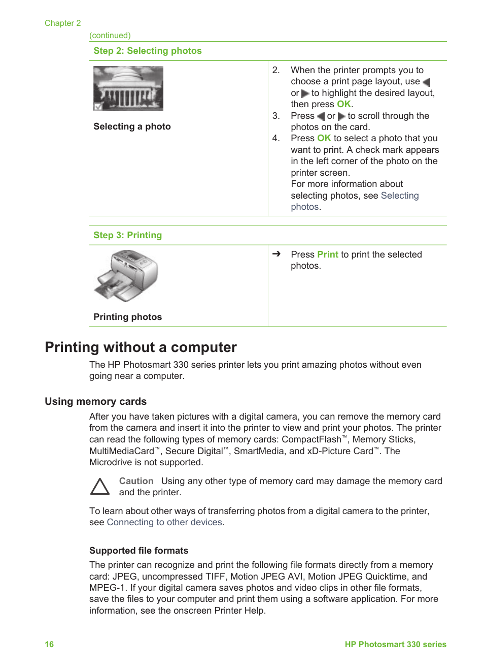 Printing without a computer, Using memory cards, Supported file formats | Inserting memory cards, Supported file formats inserting memory cards, Selecting photos | HP Q6377A User Manual | Page 22 / 40