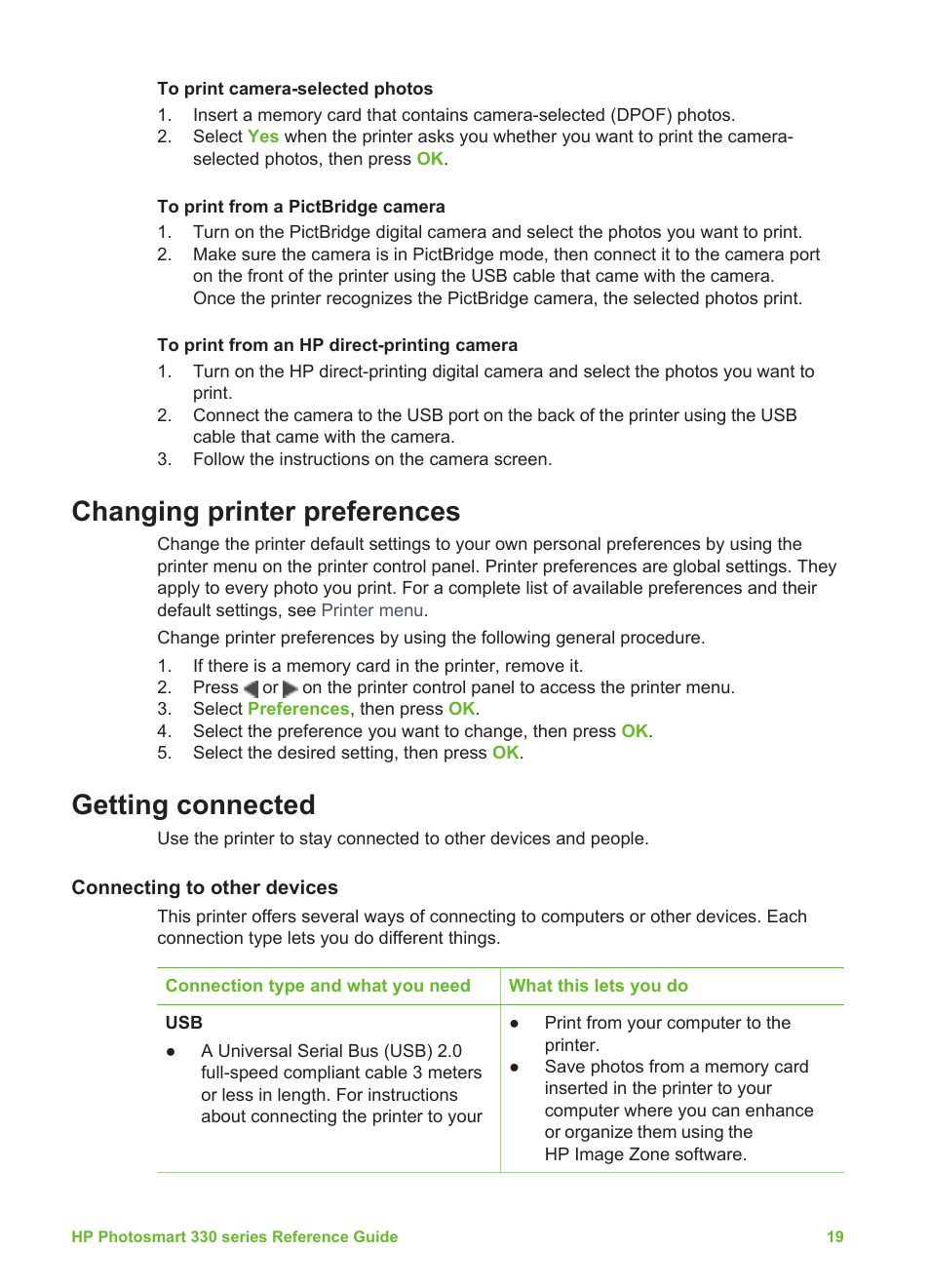 Changing printer preferences, Getting connected, Connecting to other devices | Changing printer preferences getting connected | HP Q6377A User Manual | Page 25 / 40