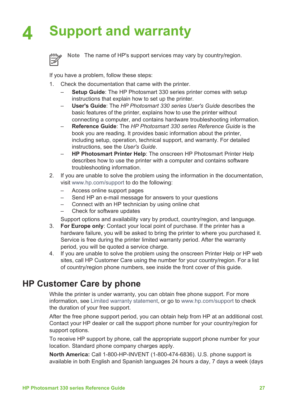 Support and warranty, Hp customer care by phone, Placing a call | HP Q6377A User Manual | Page 33 / 40